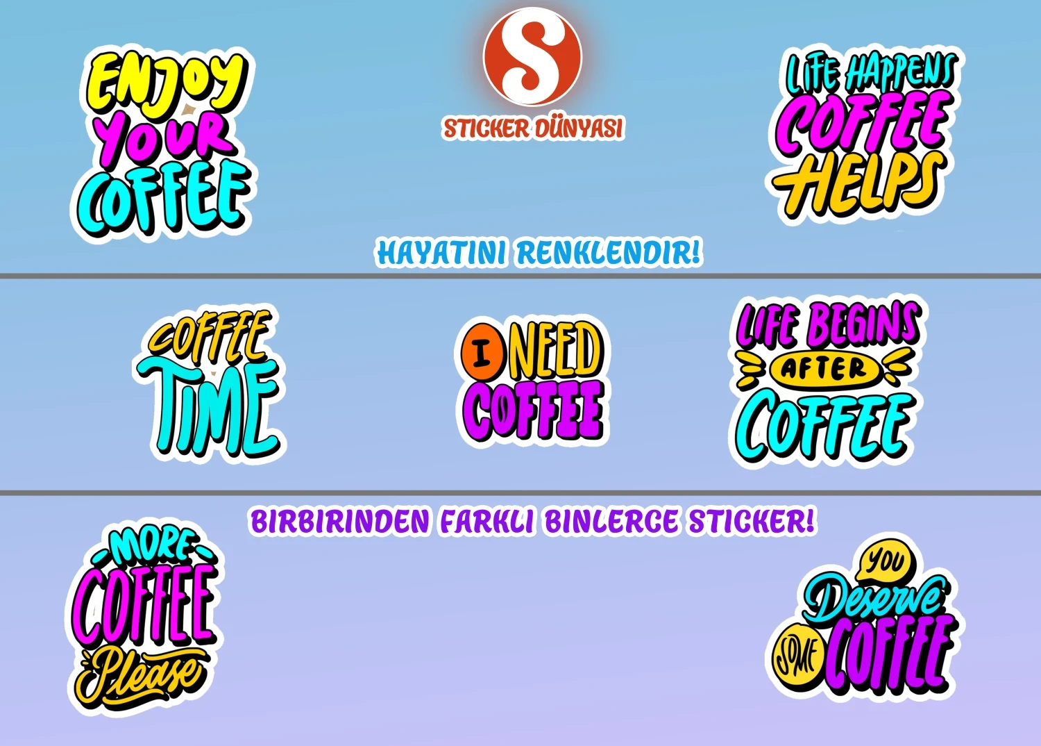 İngilizce Kahve Yazılı Neon Parlak Sticker Koleksiyonu (Coffee2) görsel 4